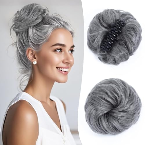 Dutt, Messy Bun Haarteil – gewellte Klammer – synthetische Fake Buns for den Alltag von Frauen Perücken(Light gray) von Bamboo Sea