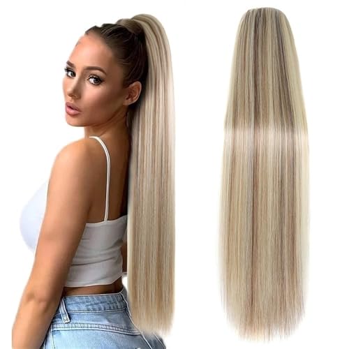 Pferdeschwanzverlängerung, Damen-Pferdeschwanz-Verlängerung mit Kordelzug und Clip – glattes goldbraunes Mix-Blond-Haarteil Haarverlängerungen(20inch) von Bamboo Sea