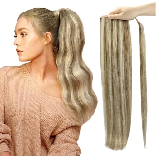 Pferdeschwanzverlängerung, Remy Echthaar-Pferdeschwanz-Extensions, 70 g/80 g, for weiße Frauen, voller Glanz Haarverlängerungen(Light brown+gold,14 inch) von Bamboo Sea