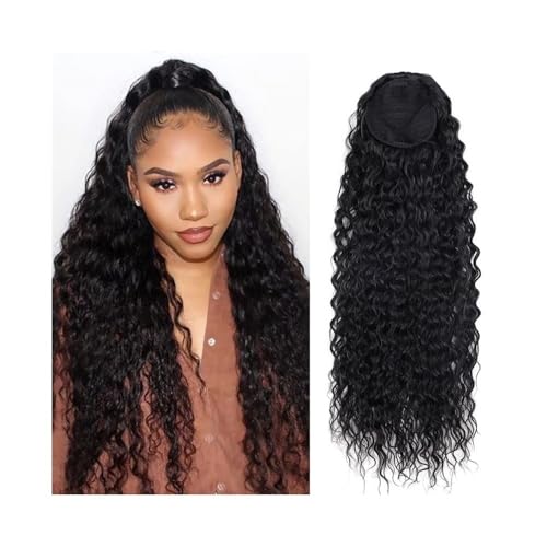 Pferdeschwanzverlängerung, Schwarze Damen 10-26 Zoll brasilianisches unbehandeltes Echthaar, tiefe Welle, Kordelzug, Clip-In-Pferdeschwanz-Verlängerung Haarverlängerungen(Jet Black,18inches) von Bamboo Sea