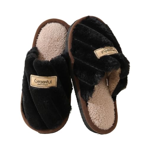 Sandale, Winterhausschuhe for Damen – Warme Hausschuhe aus Baumwolle mit dicker Sohle Duschschuhe(Black,41 EU) von Bamboo Sea