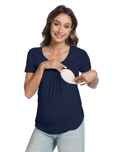 BambooBud Damen Umstandsshirts Langarm Stilltops zum Stillen Doppellagige Kleidung Freizeithemd S-XXL, Nautisches Blau, Klein von BambooBud
