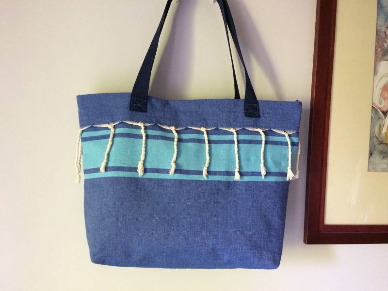 Sommerblauer Cabas, Blaue Strandtasche, Tasche Cabas Stoff Foutas Sommerblauer Cabas, Blaue Strandtasche, Tasche Cabas Stoff Foutas von Bamboune84