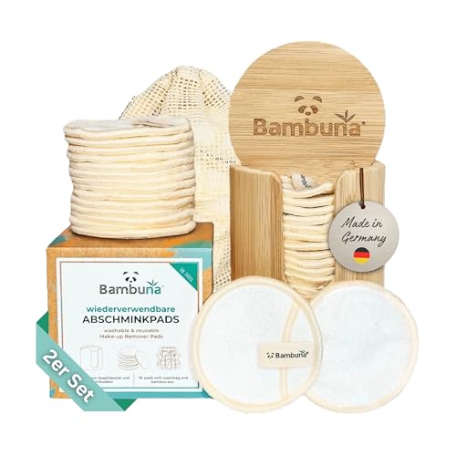 BAMBUNA 2x 18 Stk. wiederverwendbare Wattepads mit Bambusbox und Waschbeutel - Abschminkpads waschbar - nachhaltige Abschminktücher - Make Up Entferner Pads - weiche Reinigungspads - Made in Germany von Bambuna BAMBUSPRODUKTE NACHHALTIG