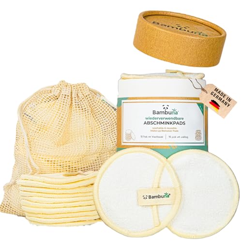 BAMBUNA 2x 15 Stk. wiederverwendbare Wattepads mit Baumwoll Waschbeutel - Abschminkpads waschbar - Bambus Abschminkpads - Make Up Entferner Pads von Bambuna BAMBUSPRODUKTE NACHHALTIG