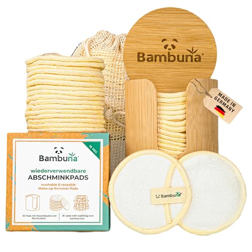 BAMBUNA 18 Stk. wiederverwendbare Wattepads mit Bambusbox und Waschbeutel - Abschminkpads waschbar - nachhaltige Abschminktücher - Make Up Entferner Pads - weiche Reinigungspads - Made in Germany von Bambuna BAMBUSPRODUKTE NACHHALTIG