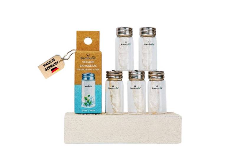Bambuna Zahnseide im Glas mit Minzgeschmack 30m - vegane Zahnseide aus Maisstärke -, (Spar-Set, 5-St), Überzug mit Candellilawachs und Minze von Bambuna