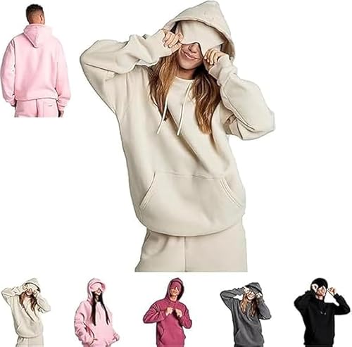 Hoodie with Eye Mask Built In, Com-frt Airplane Mode Travel Hoodie,Fashion Hidden Pockets Sweatshirt Pullover, Wearable Blanket Hoodie for Adults, Unisex (Beige, L) von Bamideo