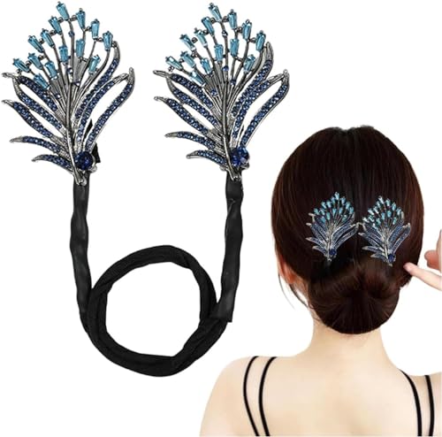 Whale Tail Rhinestone Flower Hair Clip, Lazy Hair Curler Deft Bun Maker, Ocean Blue Feather Hairpin Easy Bun Maker Hair Accessories for Women Girls, Haarspange mit Strass-Blume (Feather) von Bamideo