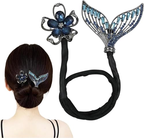 Whale Tail Rhinestone Flower Hair Clip, Lazy Hair Curler Deft Bun Maker, Ocean Blue Feather Hairpin Easy Bun Maker Hair Accessories for Women Girls, Haarspange mit Strass-Blume (Whale Tail) von Bamideo