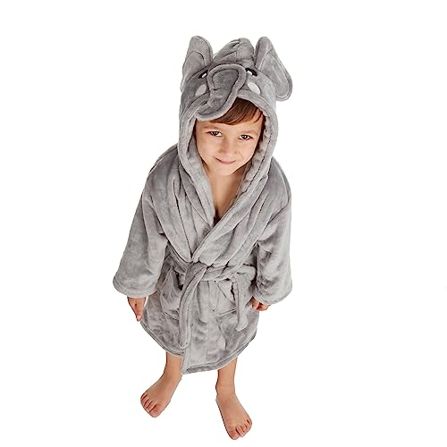 Bamu Baby Town Bademantel für Jungen und Mädchen, Unisex, weiches Plüsch-Fleece, mit Kapuze, Größen 6–24 Monate, 2–6 Jahre, Elefant Grau, 12-18 Monate von Bamu