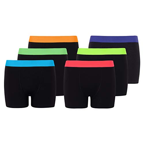 Klassische Boxershorts für Jungen, 6er- und 12er-Pack, gekämmte Baumwollmischung, Designer-Boxershorts für 5 Jahre bis 13 Jahre Gr. 134, 6er-Pack schwarze Farbe mit Neonban. von Bamu