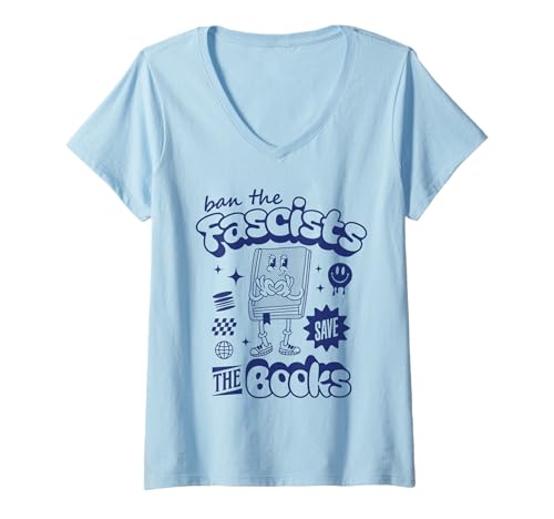 Damen Save The Books Ban Fascists Steht für Geschenke von Buchlesern T-Shirt mit V-Ausschnitt von Ban The Fascists Save Books funny retro book lover