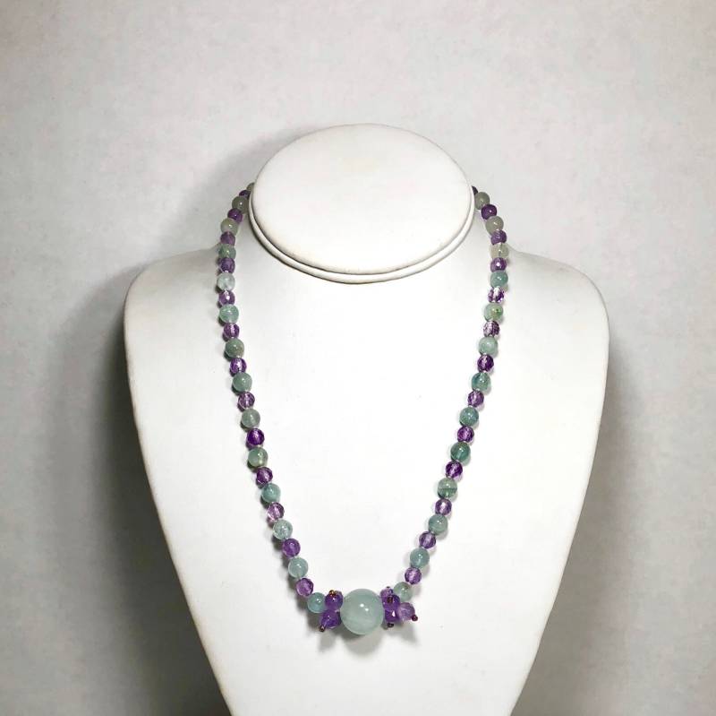 Handgeknüpfte Aquamarin - & Amethystperlen-Halskette Aus Sterlingsilber, 44-50 cm Länge von BanadosEtshop