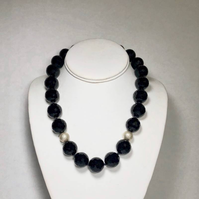 sterling Silber Hand-Aufgereiht Feine Qualität Facettierte Schwarze Onyx Perlen-Halskette 19 "Länge von BanadosEtshop