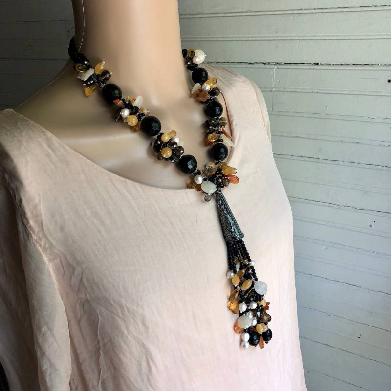 sterling Silber Quaste Halskette & Ohrring Set Achat, Perle, Citrin, Quarz - 52cm von BanadosEtshop