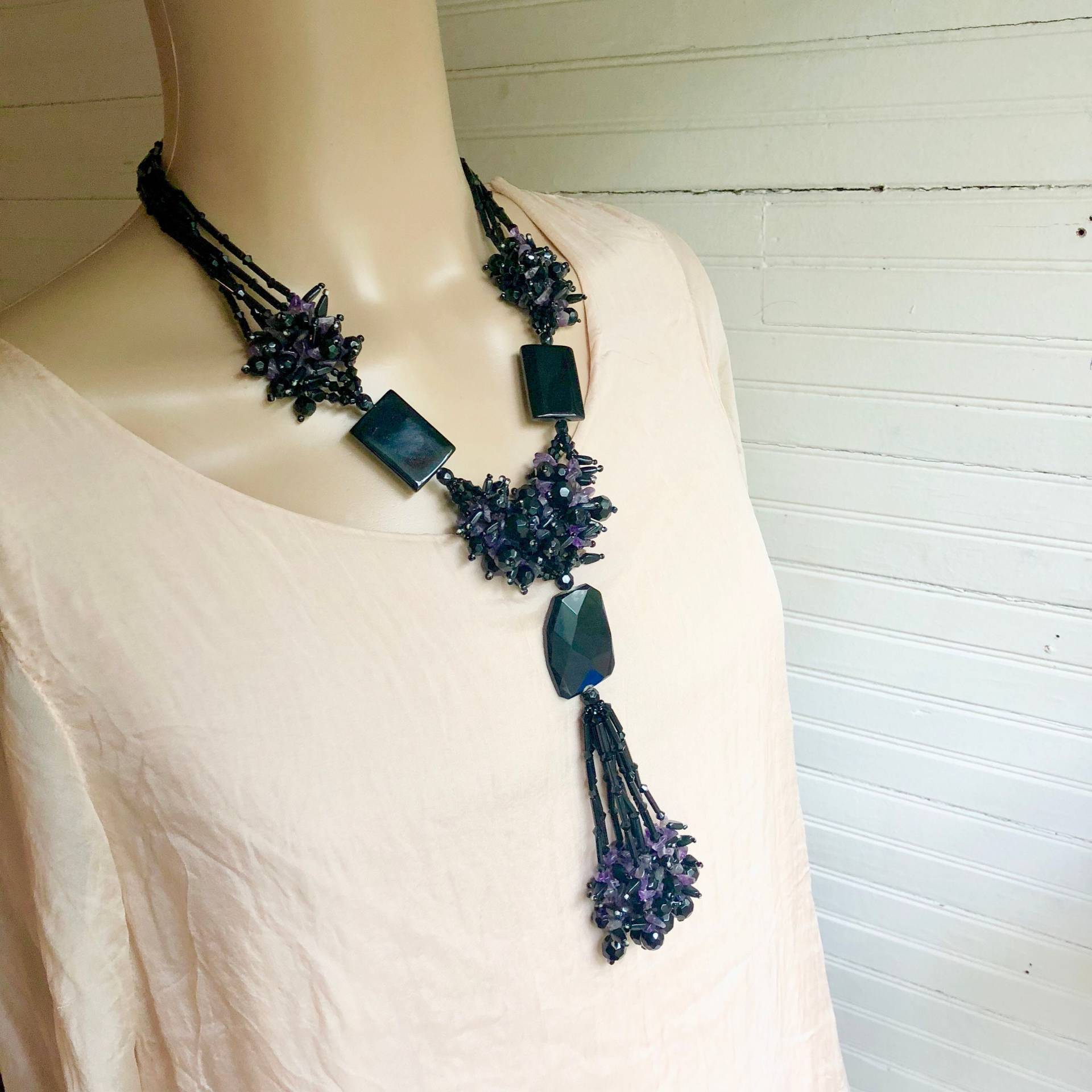 sterling Silber Hand Aufgereiht Schwarz Achat & Amethyst Perlen Halskette Und Ohrring Set 24 "Länge von BanadosEtshop