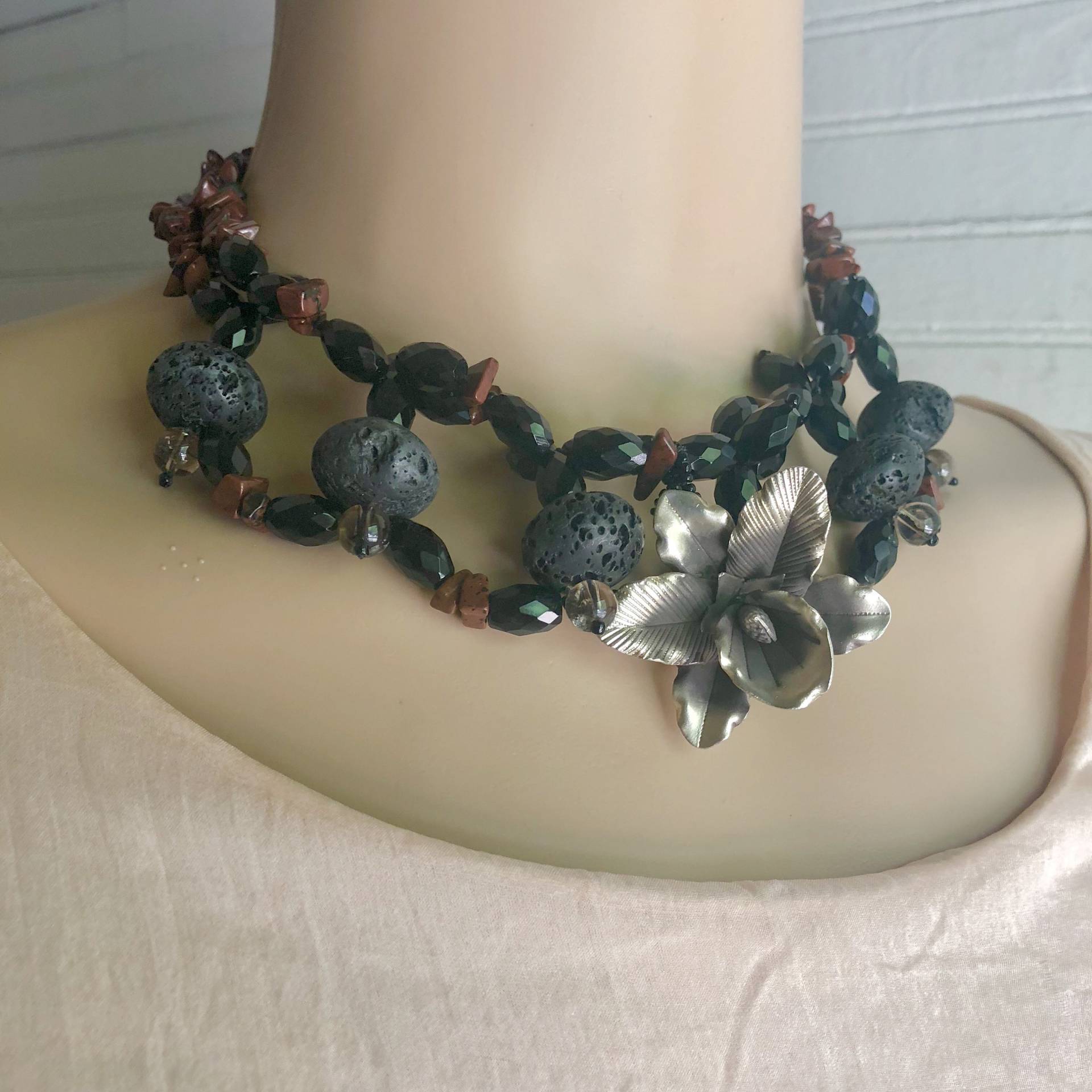 sterling Silber Edelstein-Halsketten-Ohrring-Set Mahagoni-Obsidian, Onyx, Lavastein von BanadosEtshop