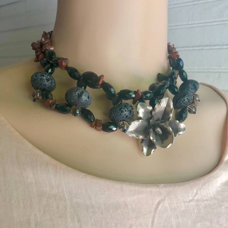 sterling Silber Edelstein-Halsketten-Ohrring-Set Mahagoni-Obsidian, Onyx, Lavastein von BanadosEtshop