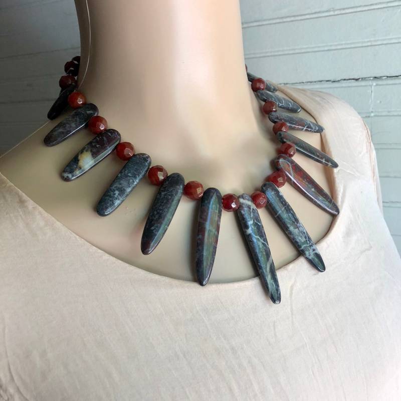 sterling Silber Hand-Gefädelt Karneol Achat & Jaspis Perlenkette 21 "Länge von BanadosEtshop