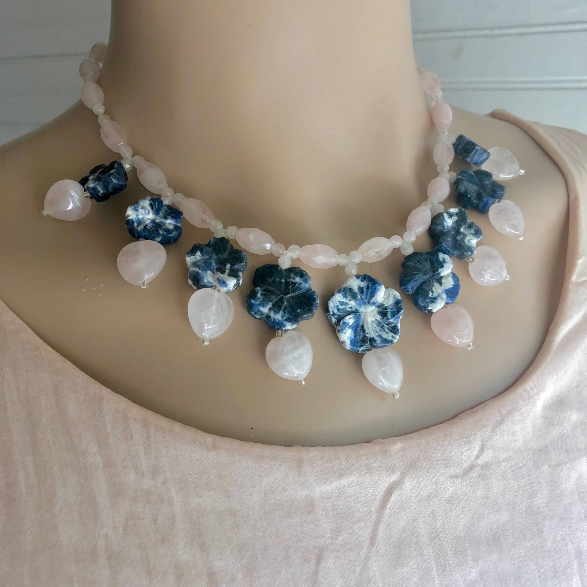 sterling Silber Handgefädelt Rosenquarz Und Sodalith Perlen Halskette & Ohrring Set 17-20 "Länge von BanadosEtshop