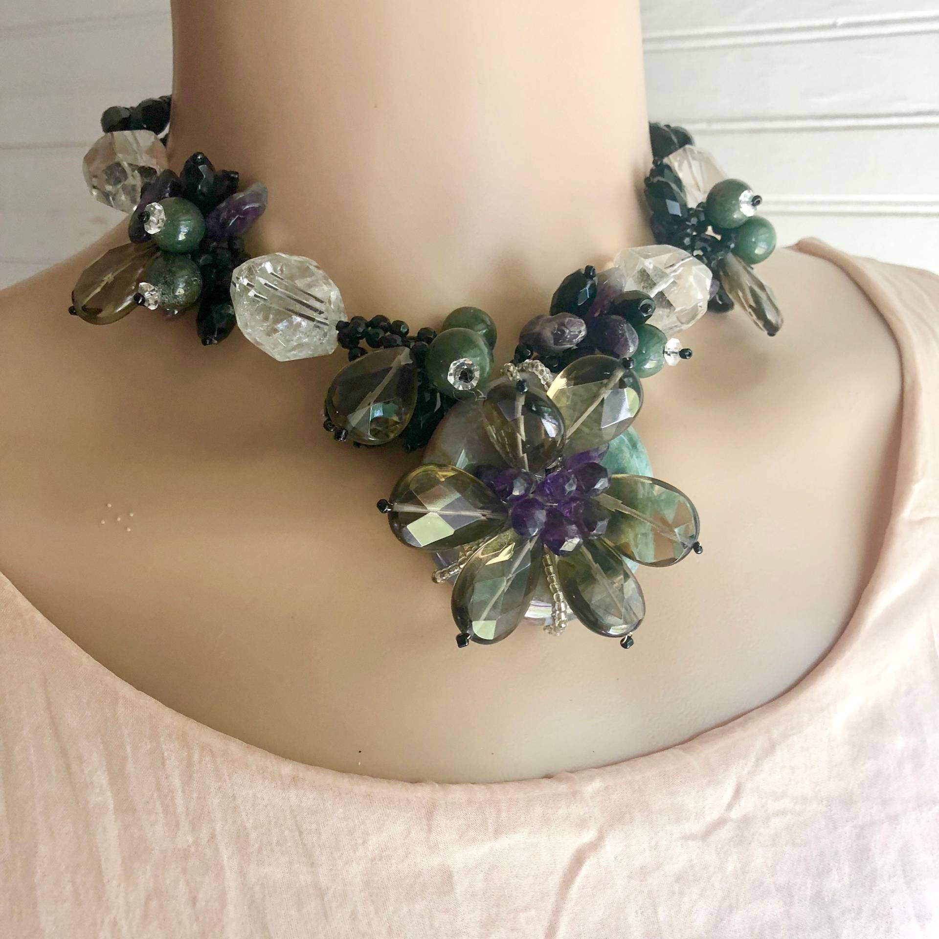 sterling Silber Edelstein-Halsketten-Ohrring-Set Quarz, Amethyst, Achat, Jaspis von BanadosEtshop