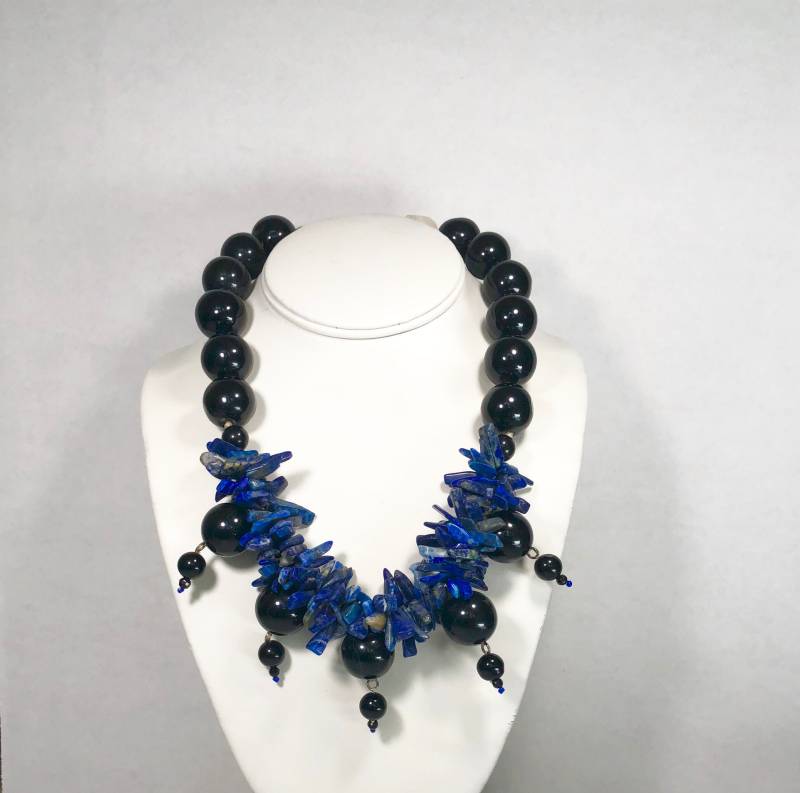 sterling Silber Lapis Lazuli & Obsidian Halskette 47 - 55 cm von BanadosEtshop