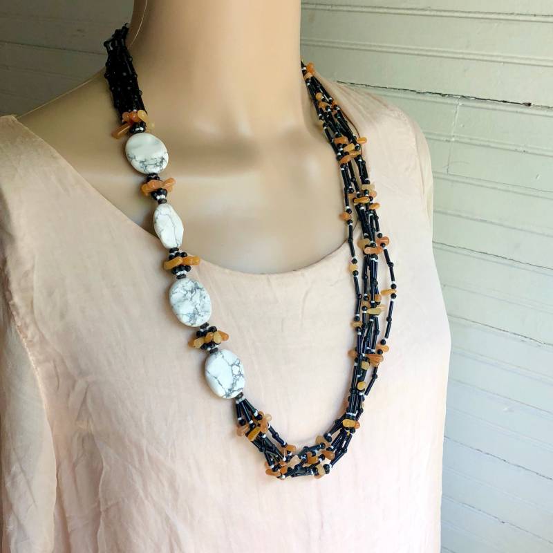 sterling Silber Schwarz Achat, Howlite, Und Karneol Achat Perlenkette 32 "Länge von BanadosEtshop