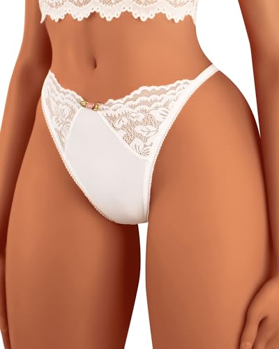 Banamic Frauen Unterwäsche Spitze Ausgeschnitten Thongs Mitte Taille Höschen Slips, A Weiß von Banamic