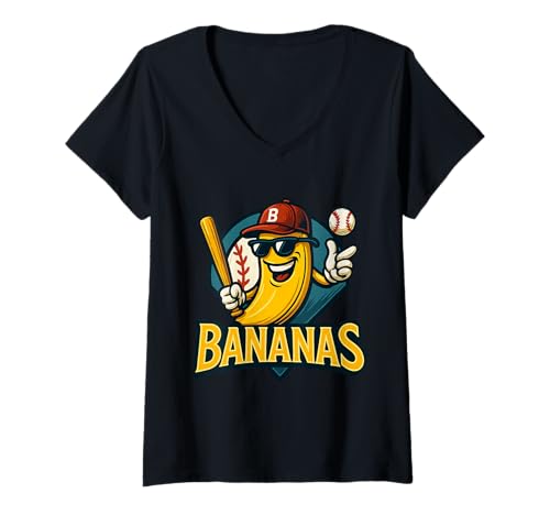 Damen Funny Bananas Baseball Team Maskottchen Cartoon Fruit Sports Fan T-Shirt mit V-Ausschnitt Damen Funny Bananas Baseball Team Maskottchen Cartoon Fruit Sports Fan T-Shirt mit V-Ausschnitt von Banana All-Stars Apparel