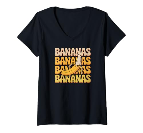 Damen Retro Bananen gestapelt Funny Fruit 70er Jahre Stil T-Shirt mit V-Ausschnitt von Banana Humor Apparel Gifts by Anastasia
