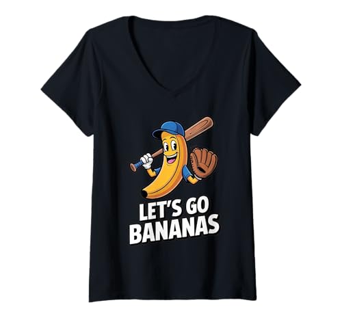 Damen Retro Vintage Funny Banana Let's Go Bananas T-Shirt mit V-Ausschnitt von Banana Lovers