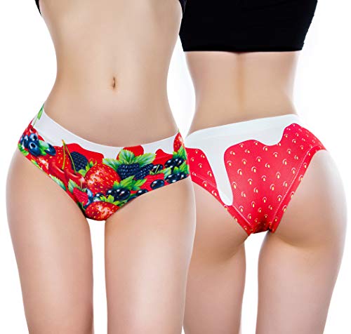 BANANALU Damen Slips mit Print Motiv Food Erdbeeren Tieren Unterhosen Summer Fruits Berry Yogurt L von BANANALU