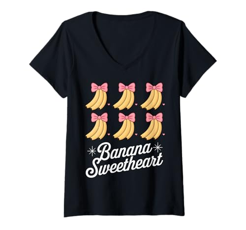 Damen Banana Coquette Shirt Banana Sweetheart Grid Kleinkind Mädchen T-Shirt mit V-Ausschnitt von Bananas Coquette For Men Girls Women Tee Pink Bows