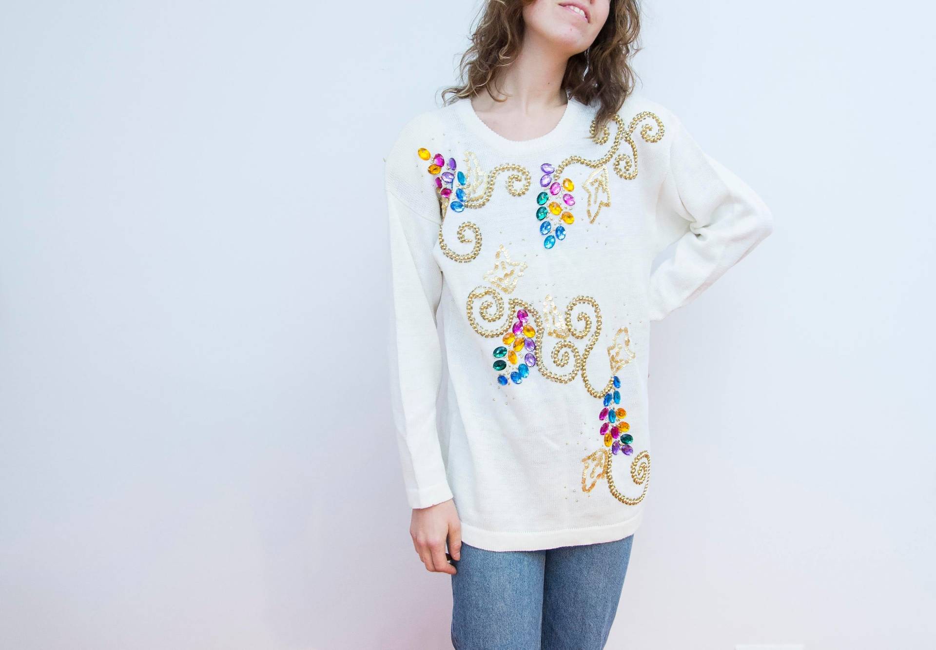 80Er Jahre Glitzer Stein Glamour Bling Pimp Strick Shirt Abend Stickerei Party Wear Retro Hipster Sweatshirt von BananiFashion