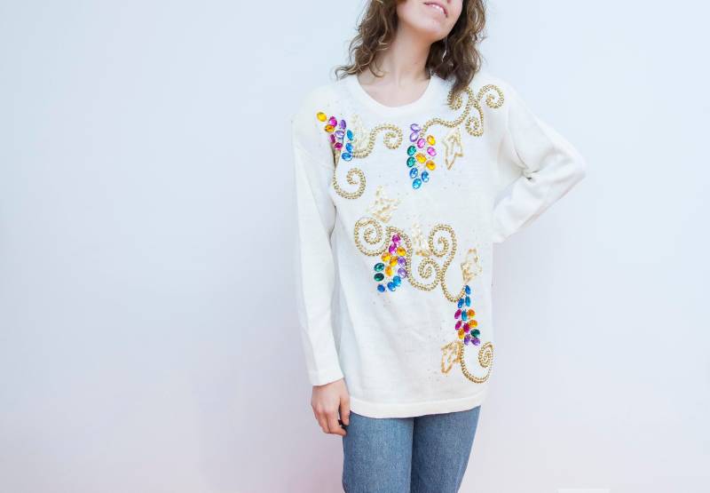 80Er Jahre Glitzer Stein Glamour Bling Pimp Strick Shirt Abend Stickerei Party Wear Retro Hipster Sweatshirt 80Er Jahre Glitzer Stein Glamour Bling Pimp Strick Shirt Abend Stickerei Party Wear Retro Hipster Sweatshirt von BananiFashion