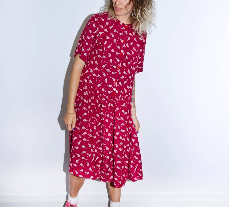 Rubinrotes Blumen Sommer Kleid 90Er Jahre Boho Country Swag Retro Nostalgic Flowy von BananiFashion