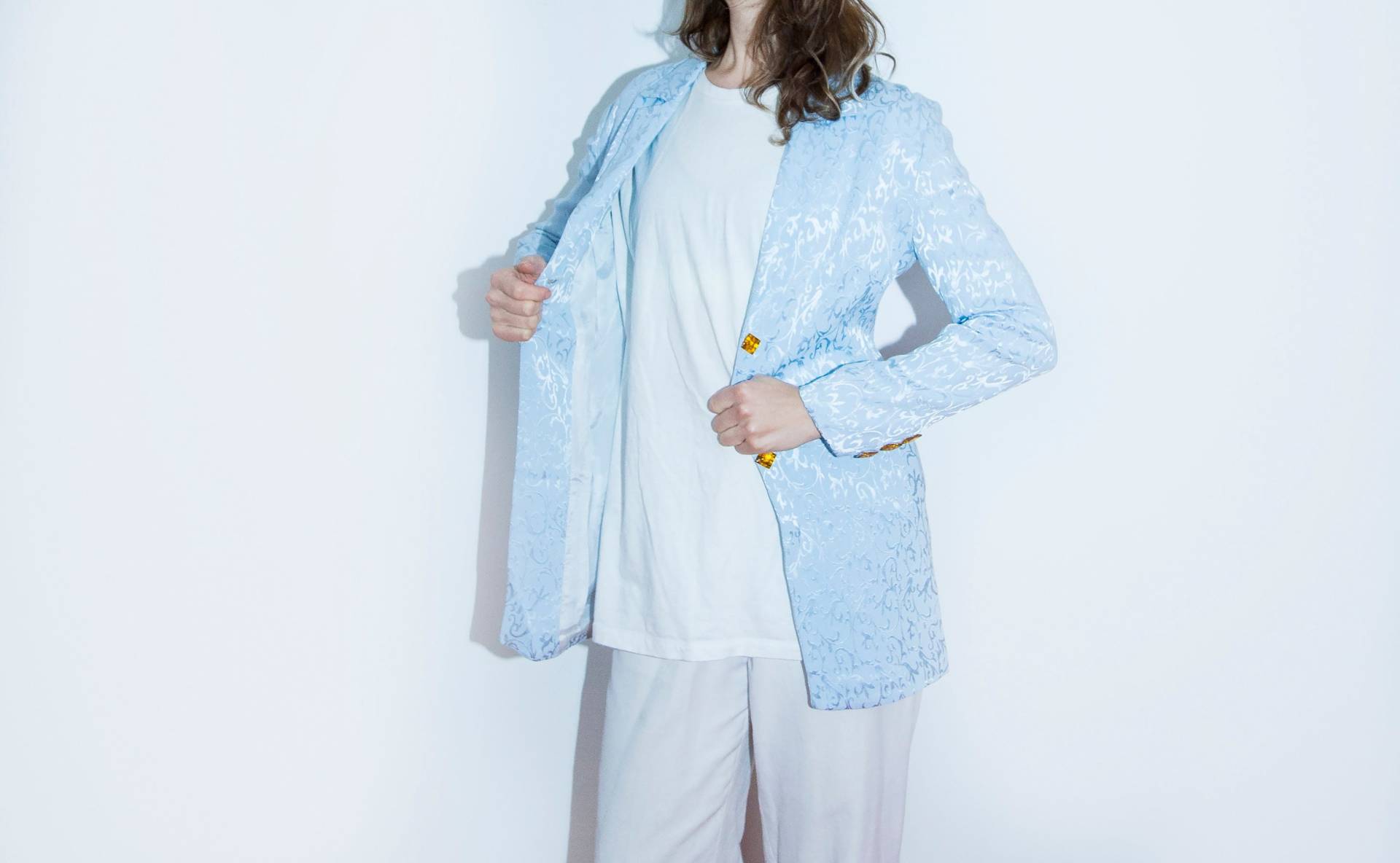 Yumi Mazao Paris Blazer High Fashion Mid 90Er Jahre Jacke Hellblau Schimmernd von BananiFashion