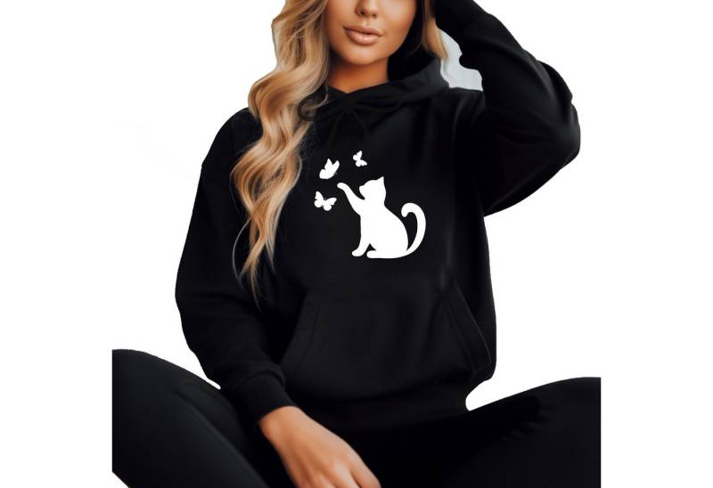 Banco Kapuzenpullover Damen Katze Cat Liebhaber Unifarben hochwertiger Druck von Banco