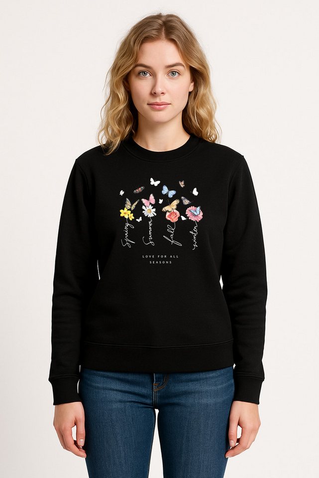 Banco Rundhalspullover Schmettertling Blumen Damen Pulli Damenpullover Basic Einfarbig Größen XS bis 5XL von Banco