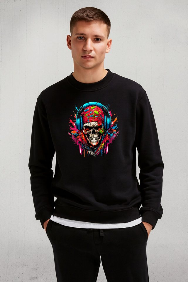 Banco Sweatshirt Herren Rundhals Pullover - Stylischer Skeletten_Kopf Unifarben von Banco