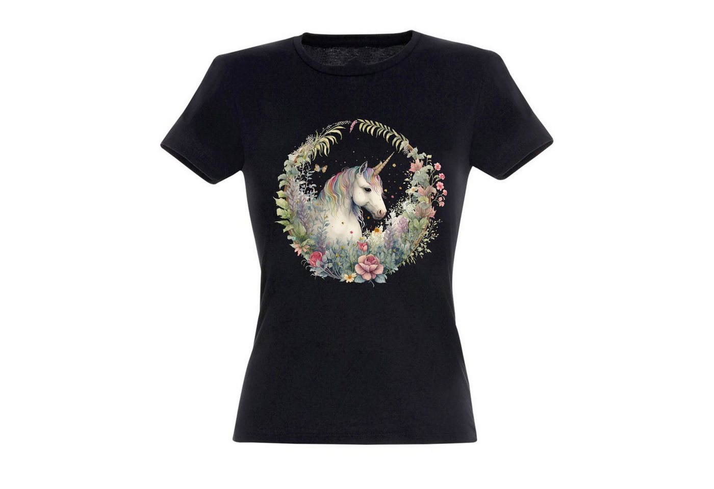 Banco T-Shirt Banco Unicorn T-Shirt mit Unicorn im Kranz Druck Damen Sommermode von Banco