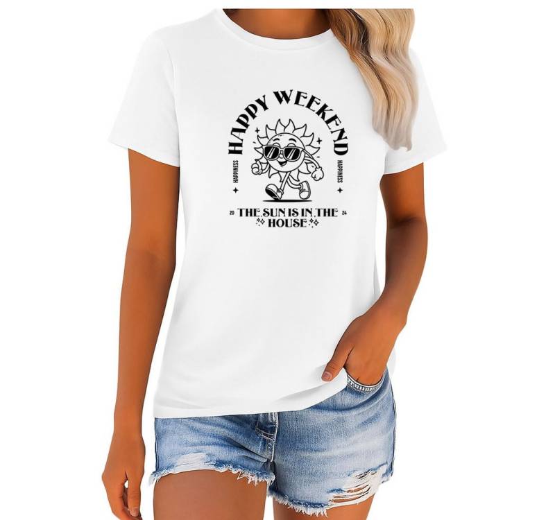 Banco T-Shirt Damen "Happy Weekend" - Sommer Sonnen-Print & Spruch Rundhals Unifarben von Banco