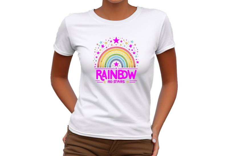 Banco T-Shirt Damen Kurzarm Rainbow Print Unifarben hochwertiger Print von Banco