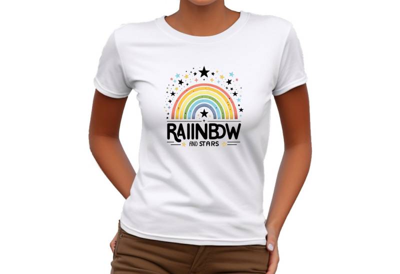 Banco T-Shirt Damen Kurzarm Rainbow Print Unifarben hochwertiger Print von Banco