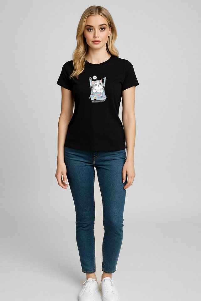Banco T-Shirt Damen mit Katzen-Print Kurzarm 100% Baumwolle Unifarben von Banco