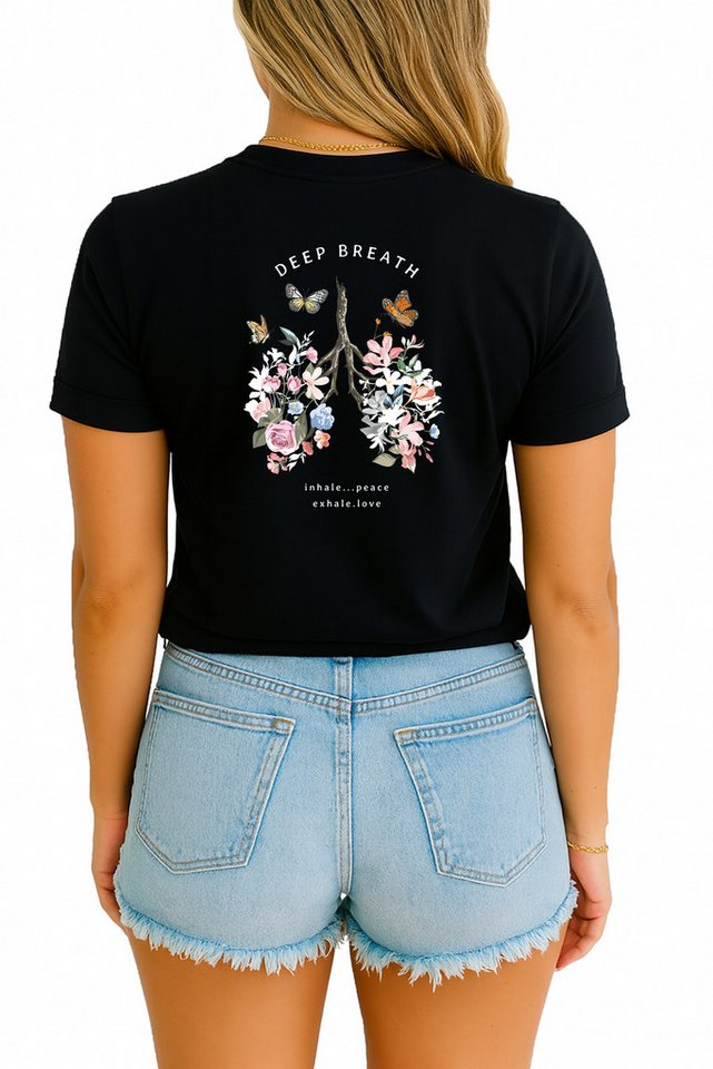 Banco T-Shirt Damen mit Rückendruck „Deep Breath“ – Blumen & Schmetterlinge Unifarben von Banco