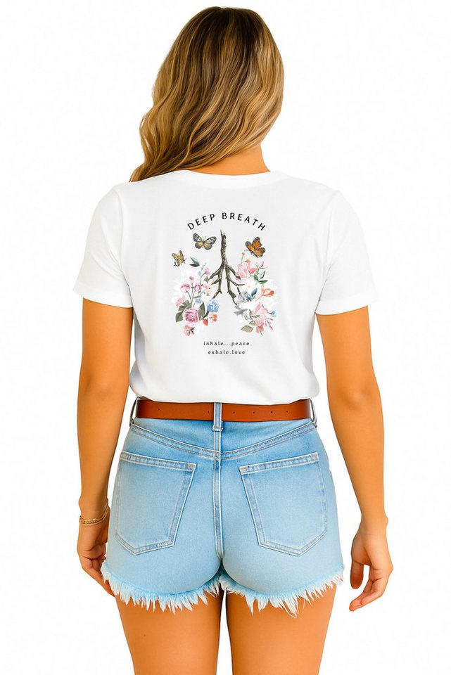 Banco T-Shirt Damen mit Rückendruck „Deep Breath“ – Blumen & Schmetterlinge Unifarben von Banco
