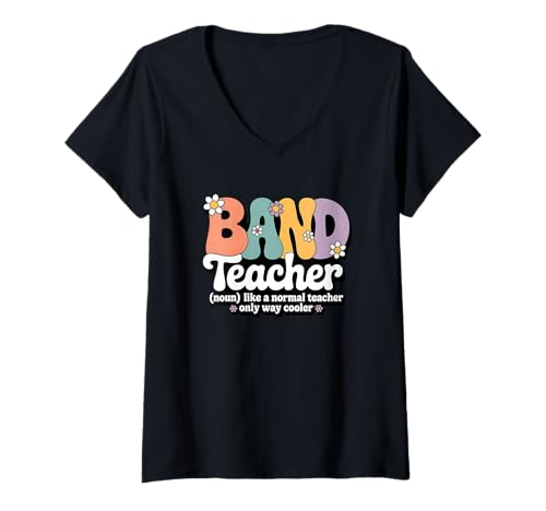 Damen Retro Groovy Band Teacher Blaskapelle Musikschule T-Shirt mit V-Ausschnitt von Band Teacher Apparel for Women & Men