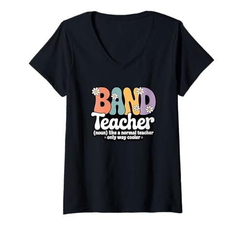 Damen Retro Groovy Band Teacher Music Orchestra Back to School T-Shirt mit V-Ausschnitt von Band Teacher Apparel for Women & Men